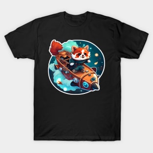 Red Panda sailing a Ship in Space Sticker T-Shirt